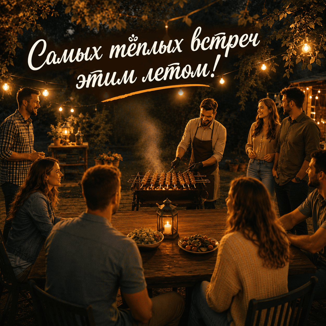 Открытка с людьми у костра и надписью «Самых теплых встреч этим летом!»