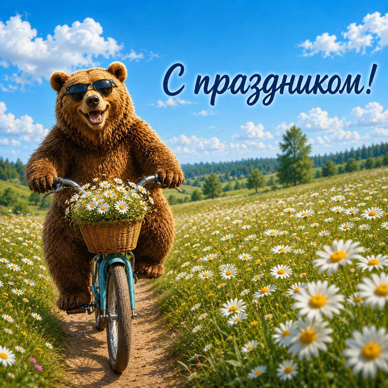 Медведь на велосипеде с цветами
