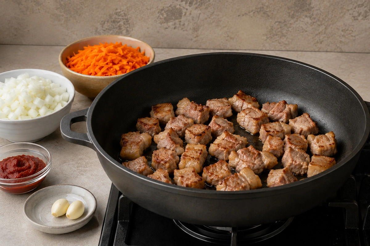 Жарьте мясо на сковороде до золотистой корочки