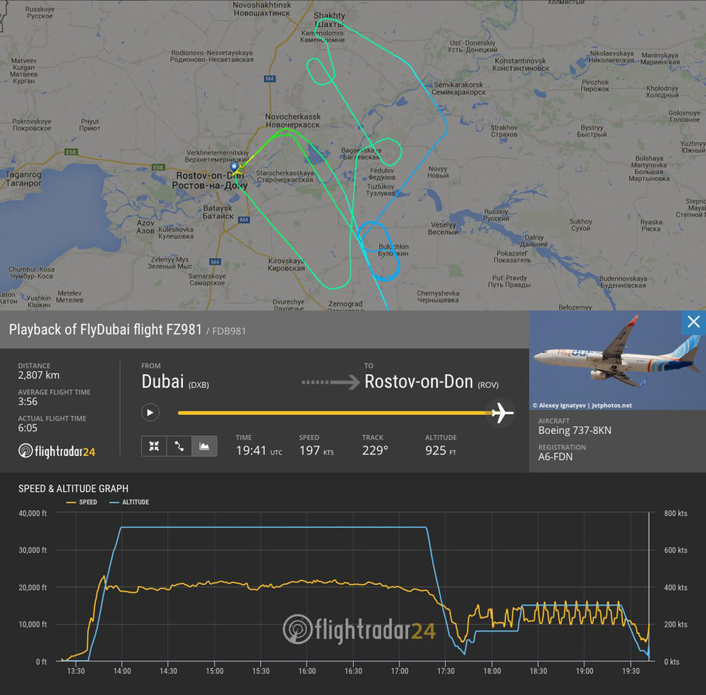 Путь самолета Boeing до его падения в аэропорту Ростова-на-Дону


