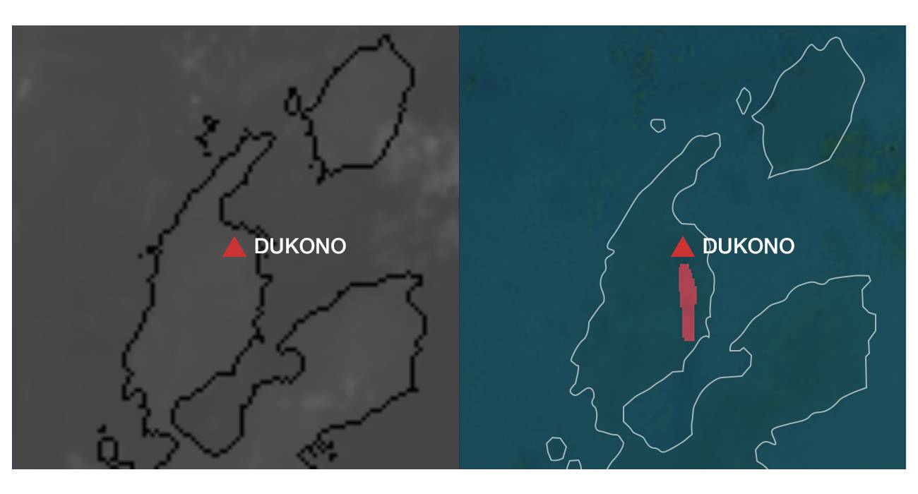 Слева &mdash; инфракрасный снимок вулкана Дуконо в Индонезии со спутника. Справа &mdash; сервис Weathernews с помощью ИИ отметил область распространения облака вулканического пепла