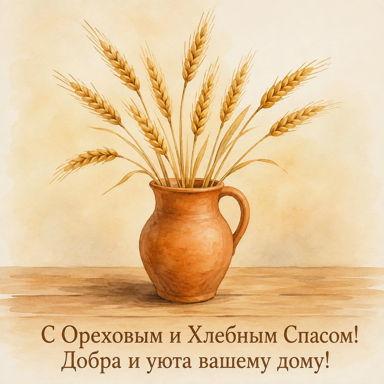 Акварельная открытка с Ореховым и Хлебным Спасом с пшеничными колосьями