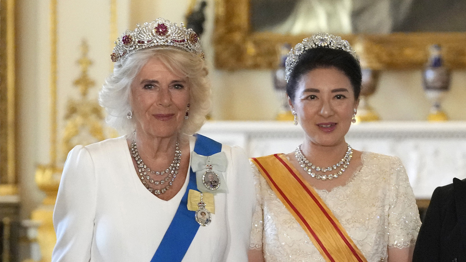 <p>Королева Камилла и императрица Масако на банкете в Букингемском дворце. 25 июня 2024 года</p>