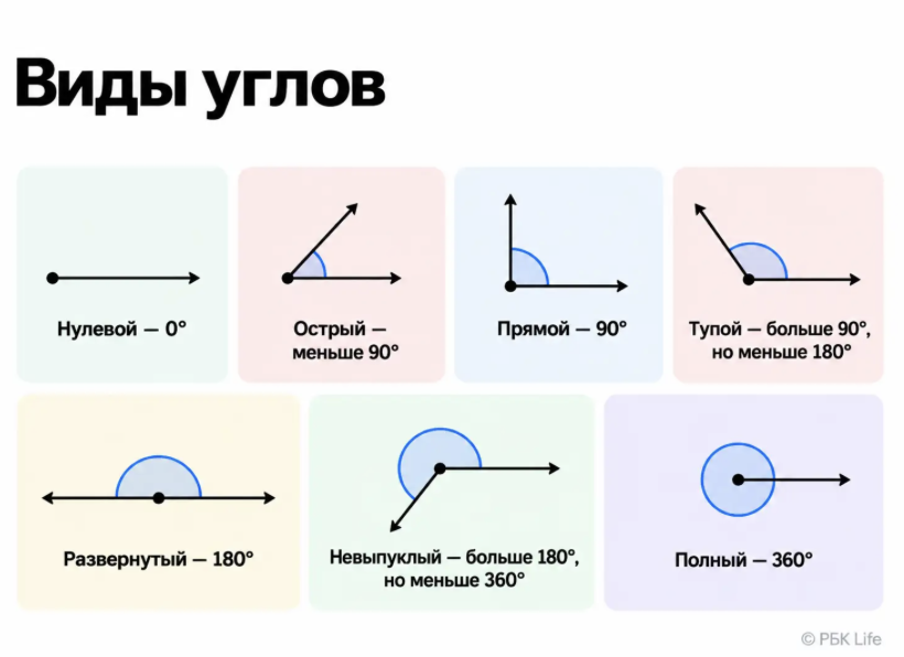 Семь видов углов по величине: нулевой, острый, прямой, тупой, развернутый, невыпуклый и полный