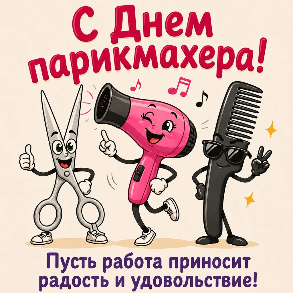 Смешная открытка с Днем парикмахера и танцующими инструментами