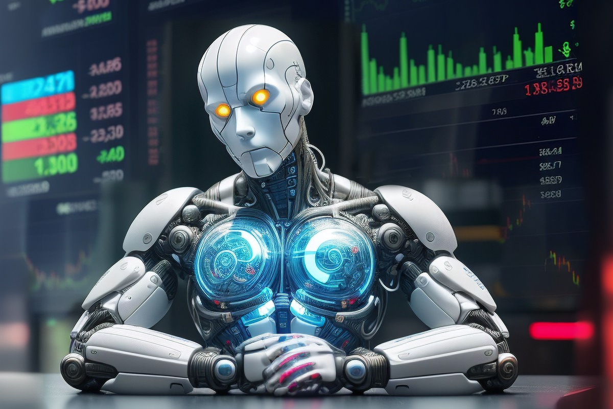 Иллюстрация нарисована нейросетью по запросу &laquo;мужчина в роли аналитика фондового рынка сидит за столом на фоне торговых терминалов фондового рынка, сложный 3d рендер, ультрадетальный, андроидное лицо, киборг, роботизированные части&raquo;