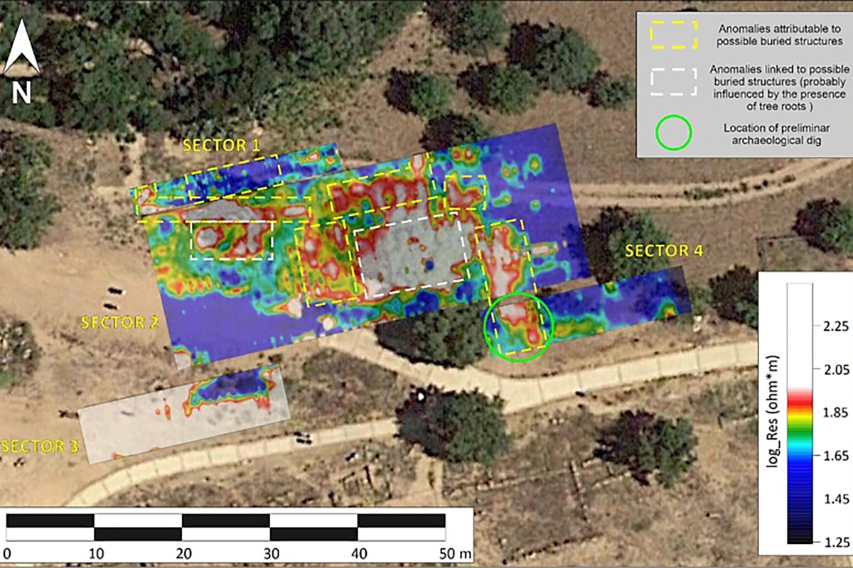 <p>Смоделированная карта исследуемой территории, построенная на спутниковом снимке Google Earth.&nbsp;Зеленый круг обозначает территорию, где проводились&nbsp;археологические раскопки</p>