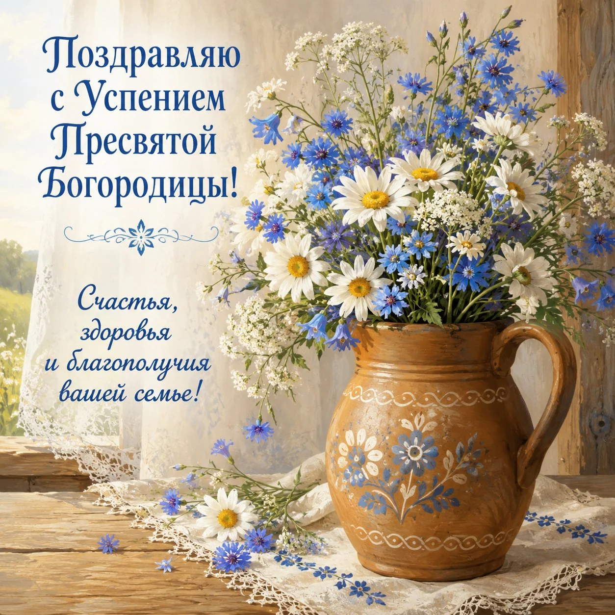 Открытка с Успением Пресвятой Богородицы с полевыми цветами