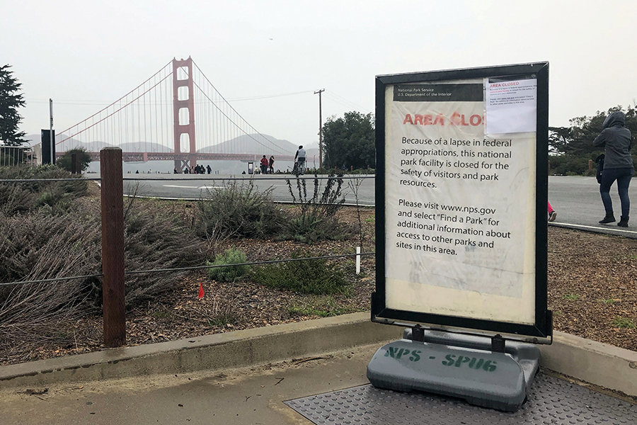 Знак вблизи моста Золотые Ворота в Сан-Франциско гласит, что проход по участку, принадлежащему федеральному правительству, закрыт из-за шатдауна