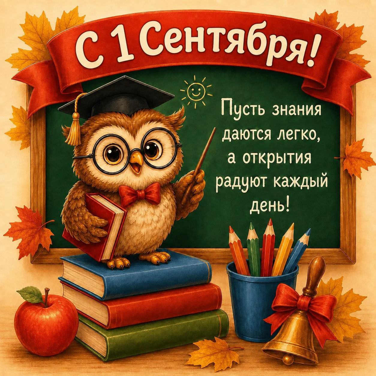 Открытка с 1 Сентября ученикам с совой