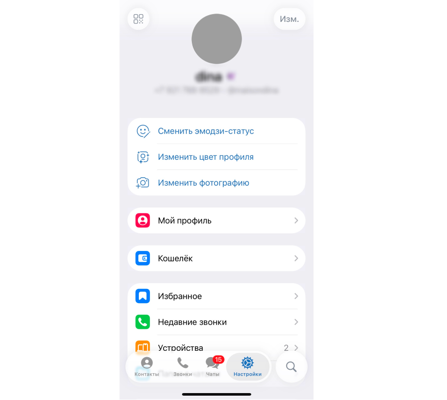 Меню настроек в Telegram на айфоне