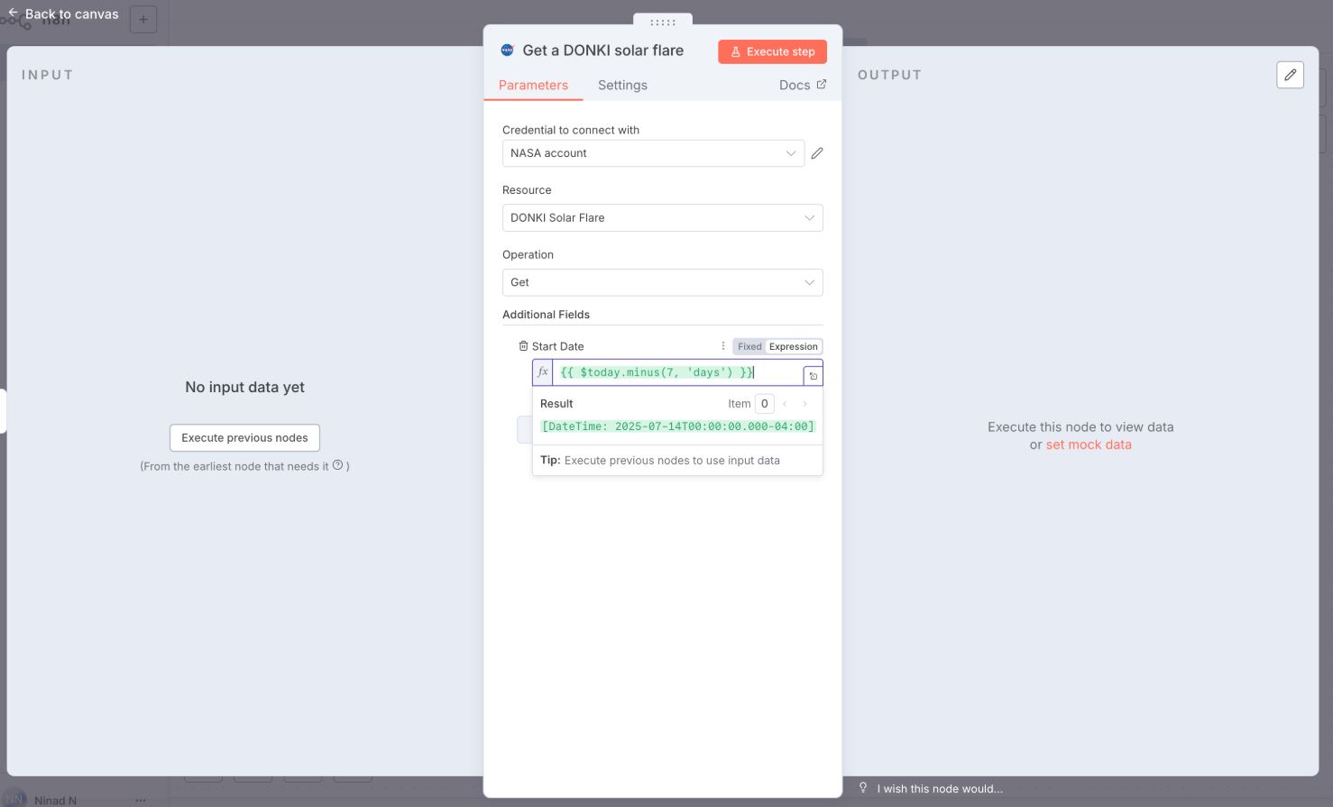 Пример привязки API НАСА для получения данных о солнечных событиях за последнюю неделю