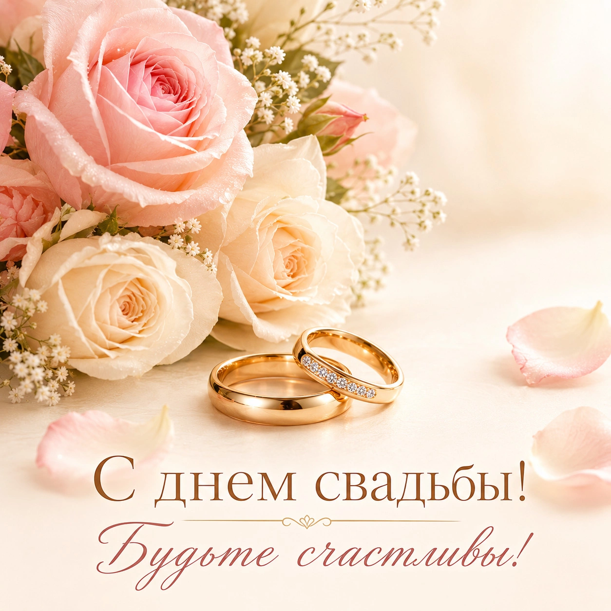 Нежная открытка с лепестками роз и пожеланием счастья на день свадьбы