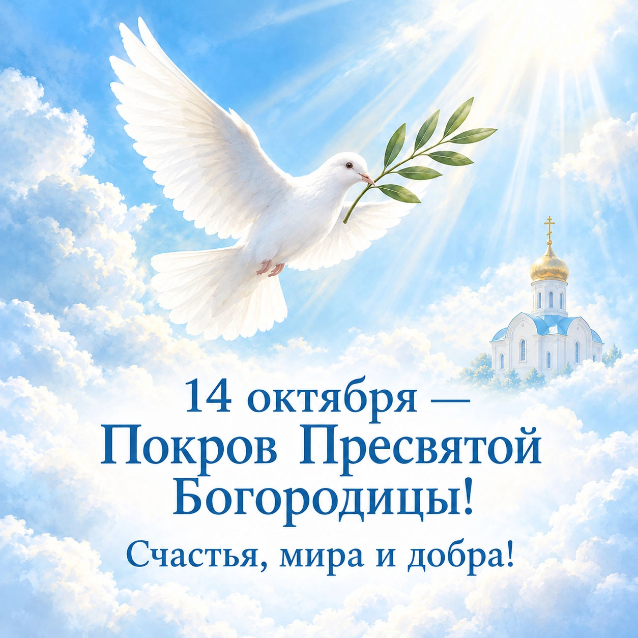 Открытка к Покрову Пресвятой Богородицы с голубем и храмом