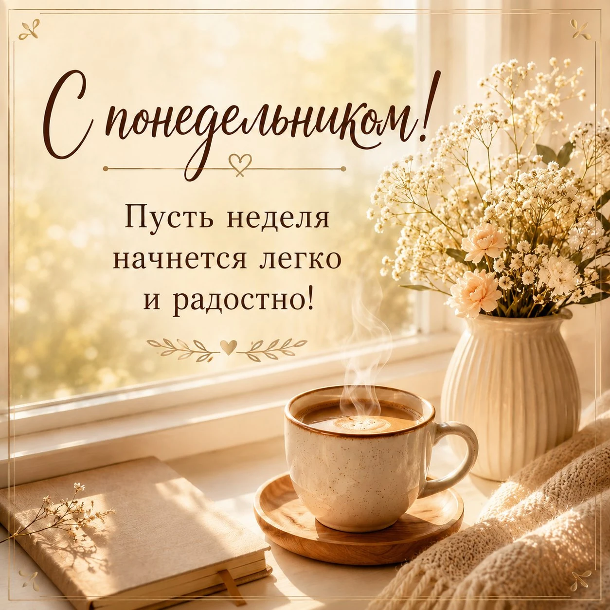 Уютная открытка с надписью «С понедельником! Пусть неделя начнется легко и радостно!»