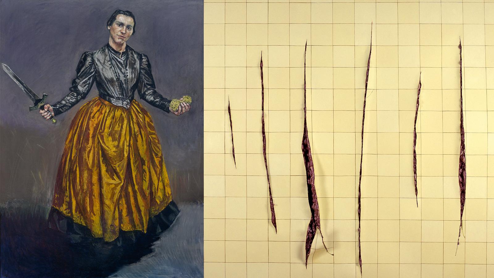 Слева: Паула Регу, «Ангел», 1998; справа: Адриана Варежан, «Стена с разрезами а-ля Фонтана» (фрагмент триптиха), 2022