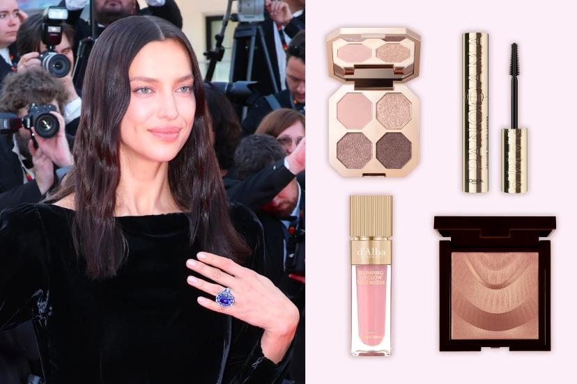 Слева: Ирина Шейк. Справа: Палетка теней для век Dream velvet eyeshadow palette, Delicate, Dear Dahlia, 3930 руб. (Ozon); Тушь для ресниц Volume Million Lashes Panorama, оттенок черный, L'Oreal Paris, 783 руб. (Лэтуаль); Блеск-плампер для губ Plumping Lip Glow Mood Volumizer, оттенок Feeble Pink, d'Alba, 2475 руб. (Ozon); Компактный хайлайтер для лица, оттенок 1 Prismatic Romance, Colorbar, 5880 руб. (Рив Гош)