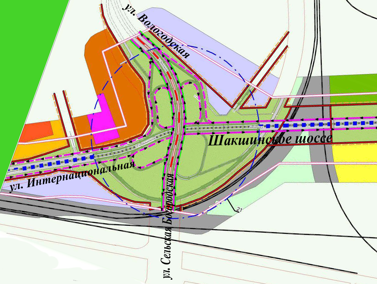 Строительство продолжения улицы Интернациональной улучшило доступность автомобильного выезда в сторону микрорайона Шакша. Однако из-за роста транспортного потока на перекрестке Интернациональная &ndash; Вологодская &ndash; Сельская Богородская - Шакшинское шоссе в часы пик движение часто бывает серьезно затруднено. Решением проблемы должна стать новая развязка, спроектированная в месте пересечения этих магистралей.
