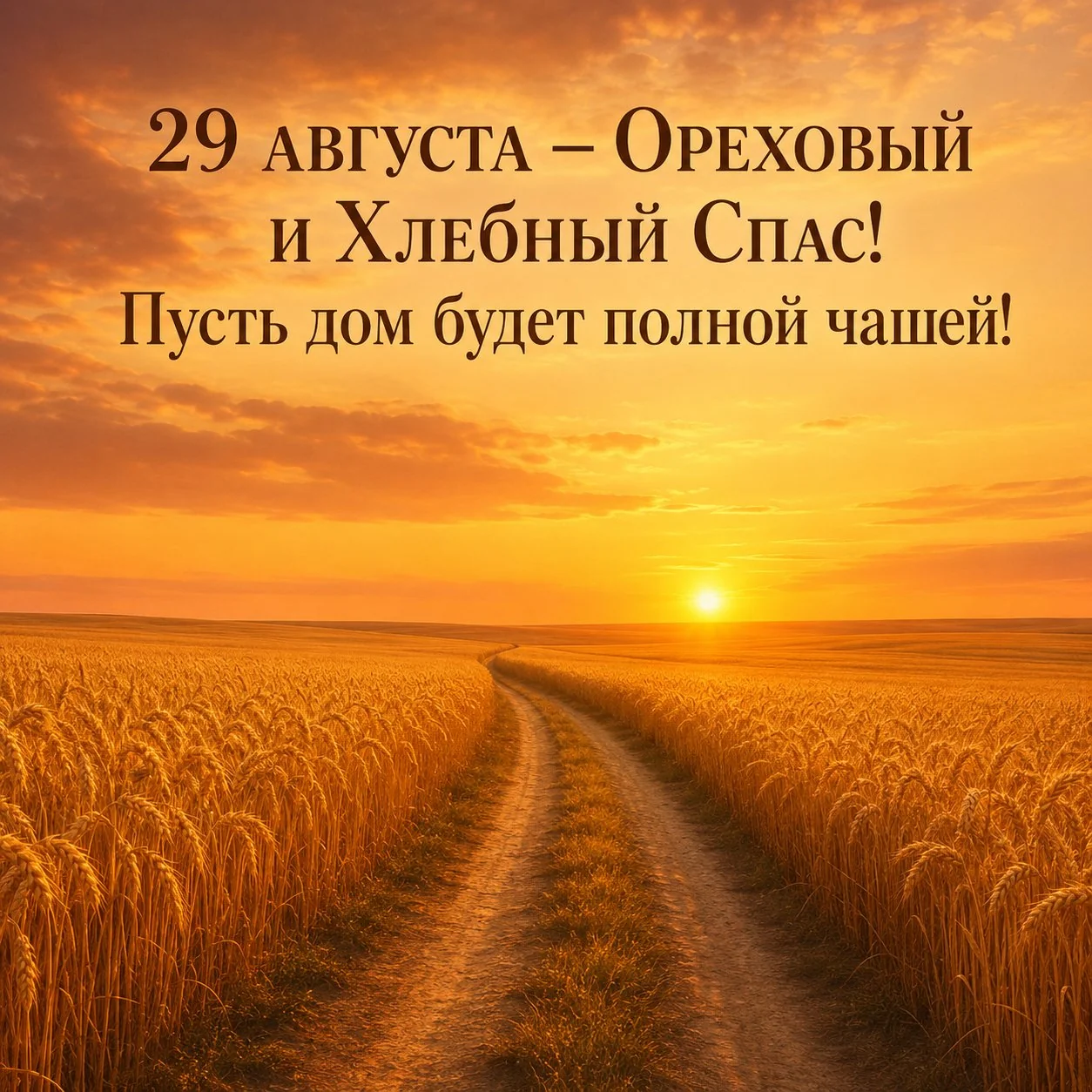Открытка с Ореховым и Хлебным Спасом 29 августа с пшеничным полем