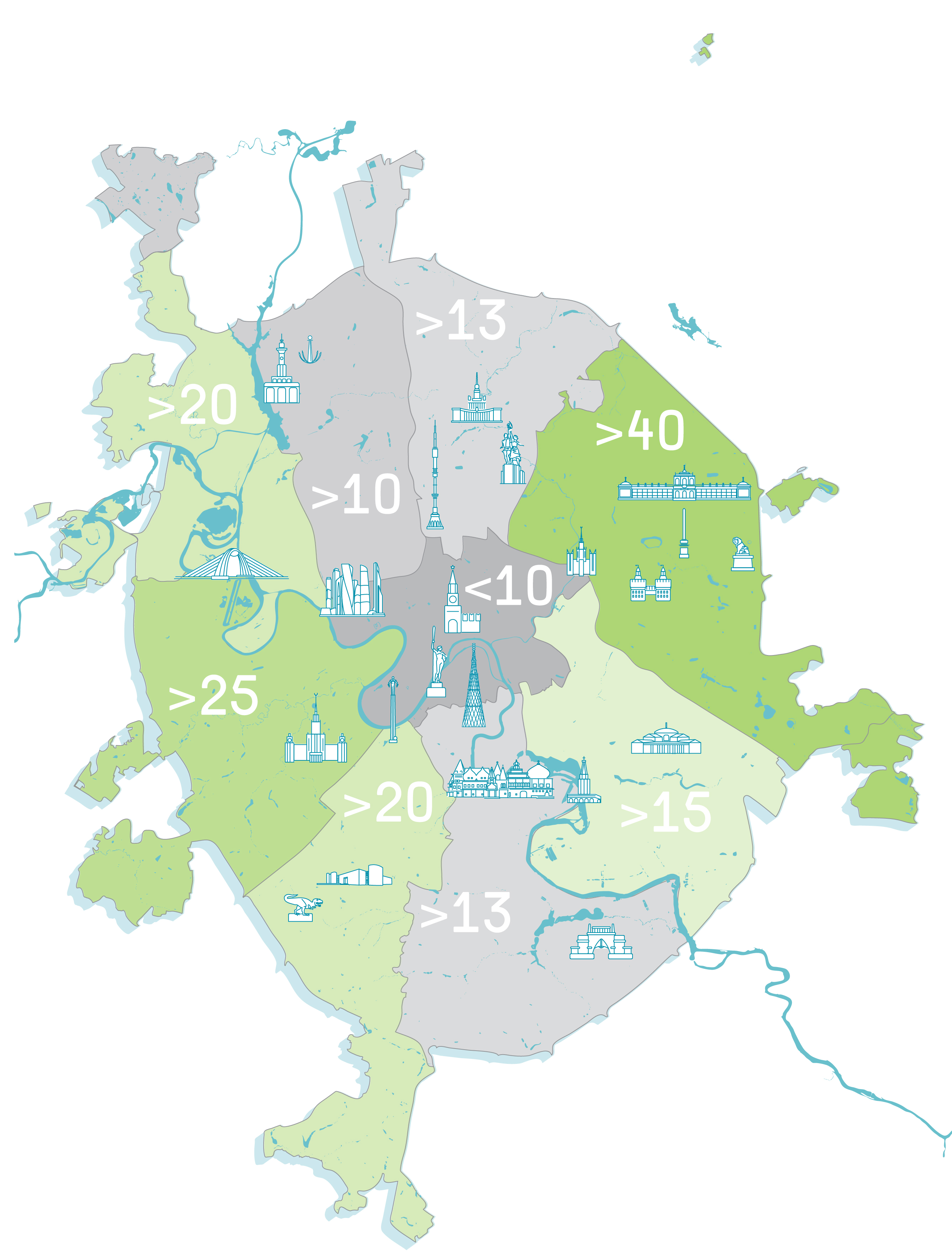 Площадь зеленых насаждений на человека по округам Москвы (по нормативу — 16 кв. м)