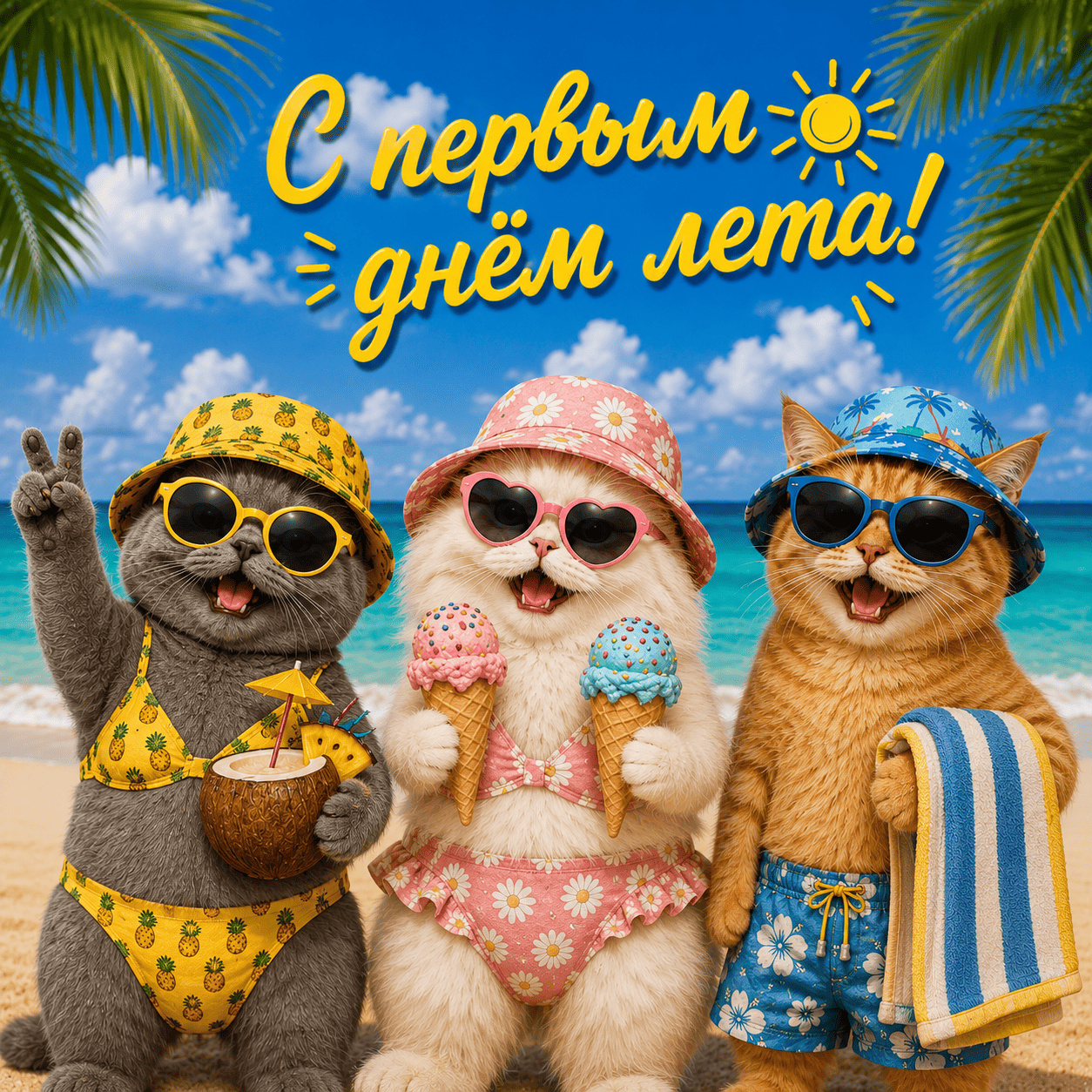 Открытка с котиками на пляже