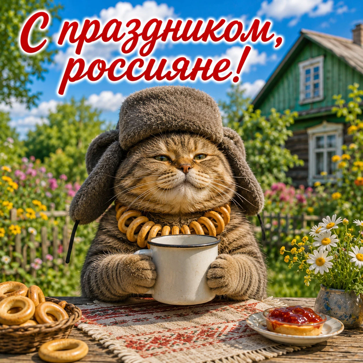 Кот в шапке-ушанке с чаем и надпись «С праздником, россияне!»