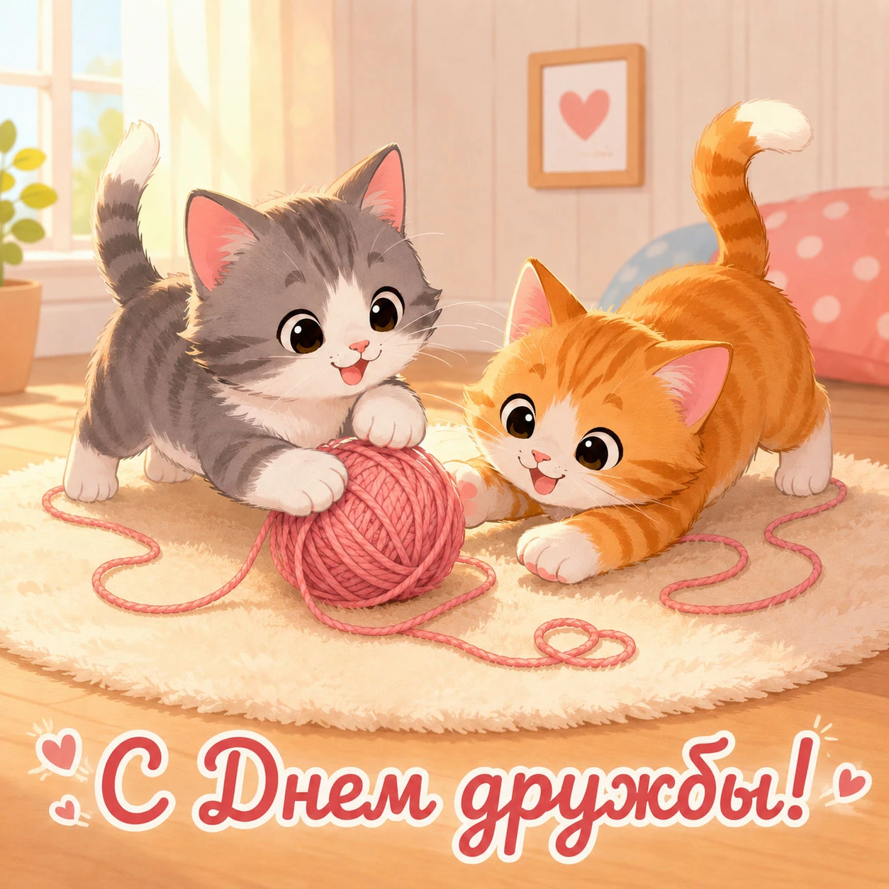 Смешная открытка с играющими котятами ко Дню дружбы
