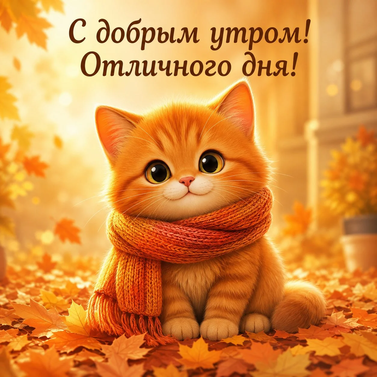Уютная осенняя открытка с добрым утром с котом