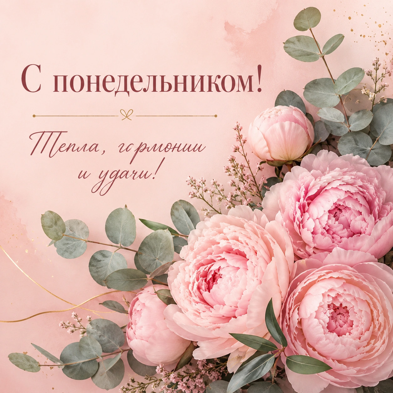 Нежная открытка с пионами и пожеланием хорошего понедельника