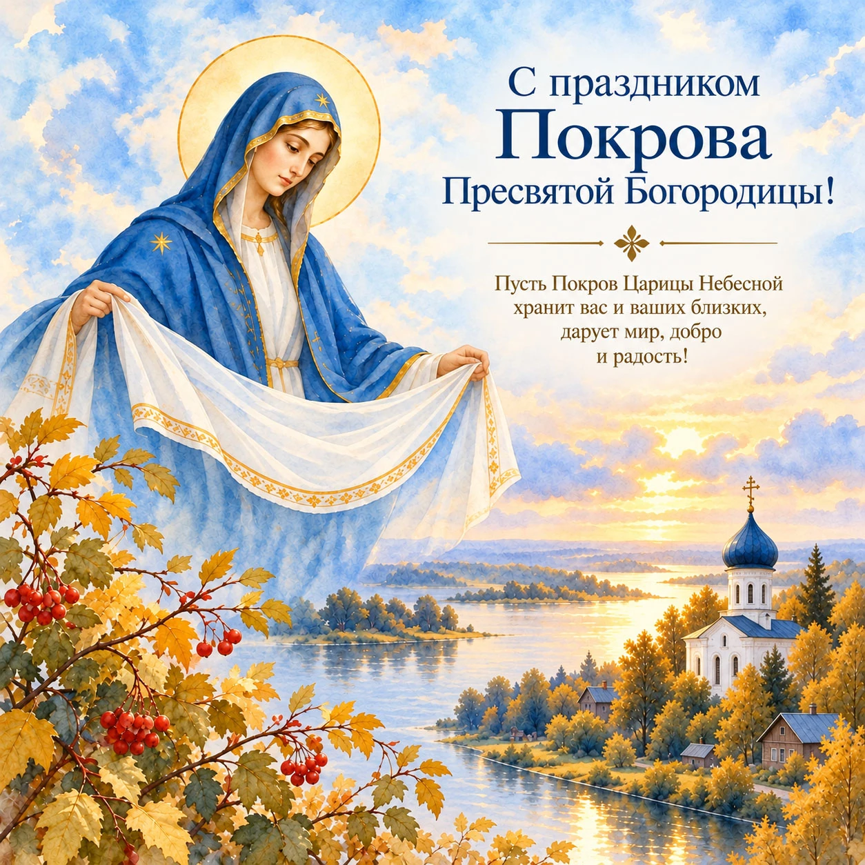 Акварельная открытка с Покровом Пресвятой Богородицы