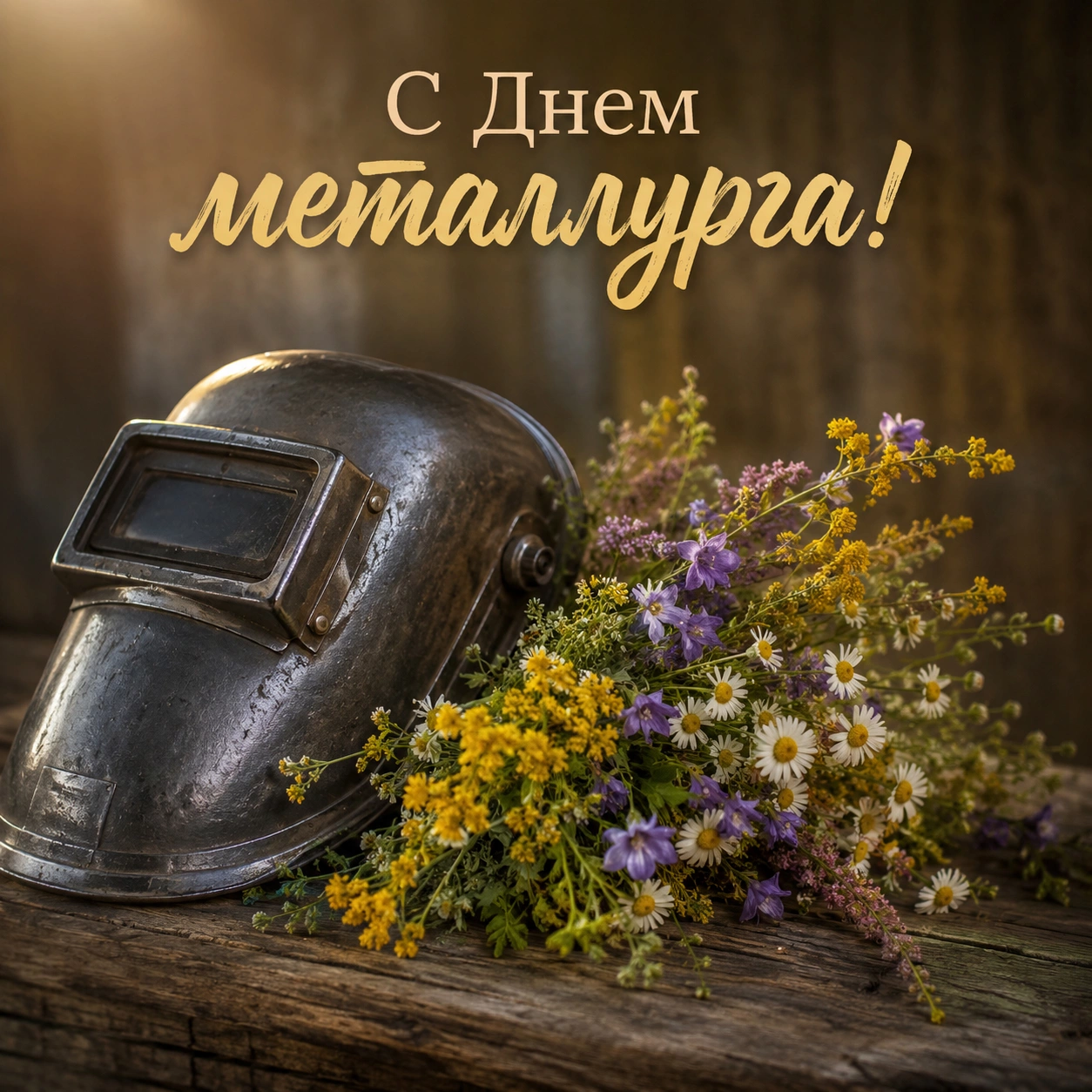 Открытка с полевыми цветами и надписью «С Днем металлурга!»
