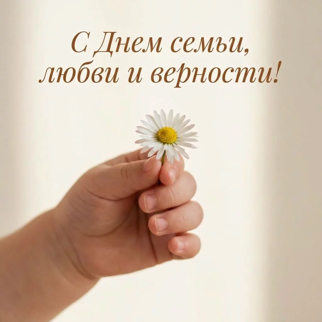 Нежная открытка с детской ручкой, держащей ромашку, и поздравлением с Днем семьи, любви и верности