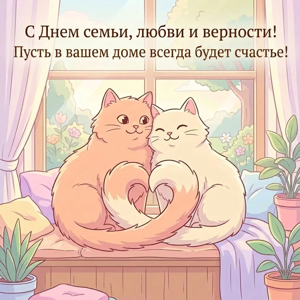 Открытка с семьей котов и поздравлением с Днем семьи, любви и верности