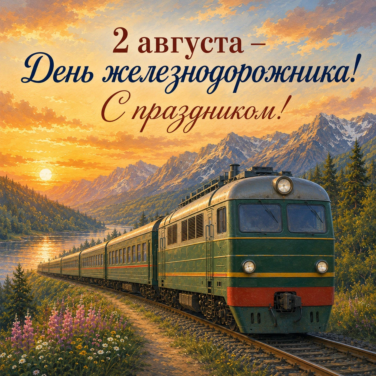 Красивая открытка с надписью «2 августа − День железнодорожника! С праздником!»