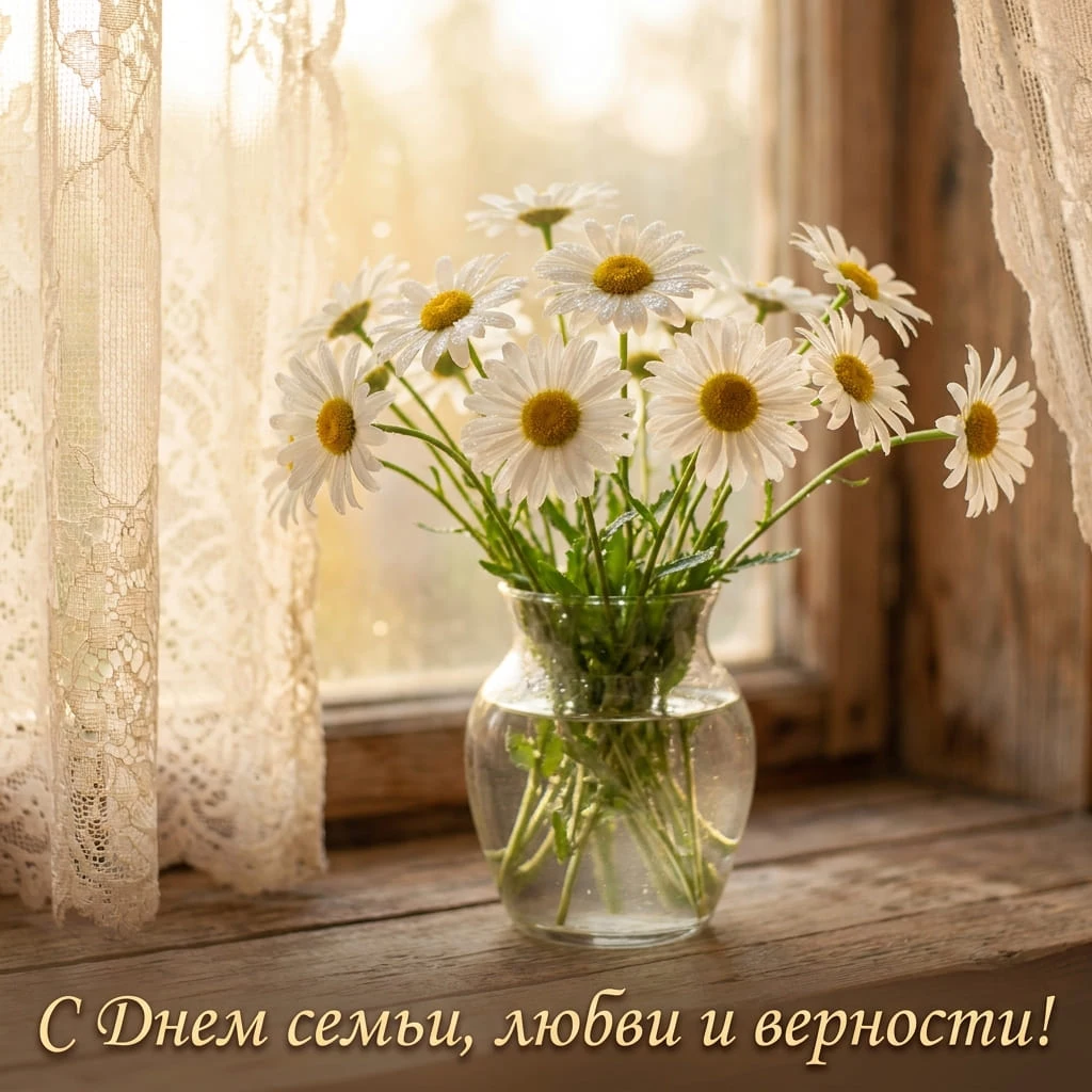 Открытка жене с Днем семьи, любви и верности с букетом ромашек