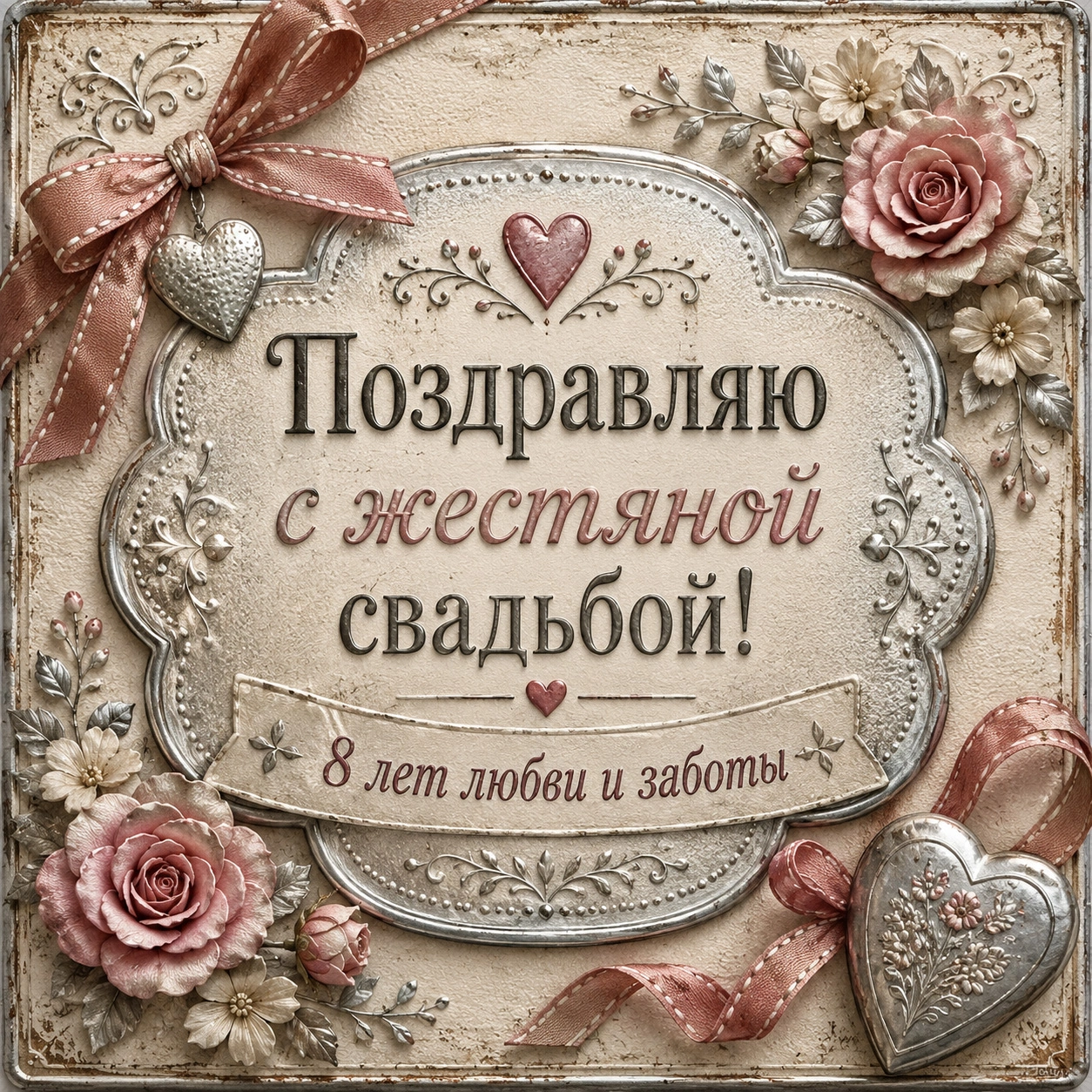 Открытка с надписью «Поздравляю с жестяной свадьбой! 8 лет любви и заботы»