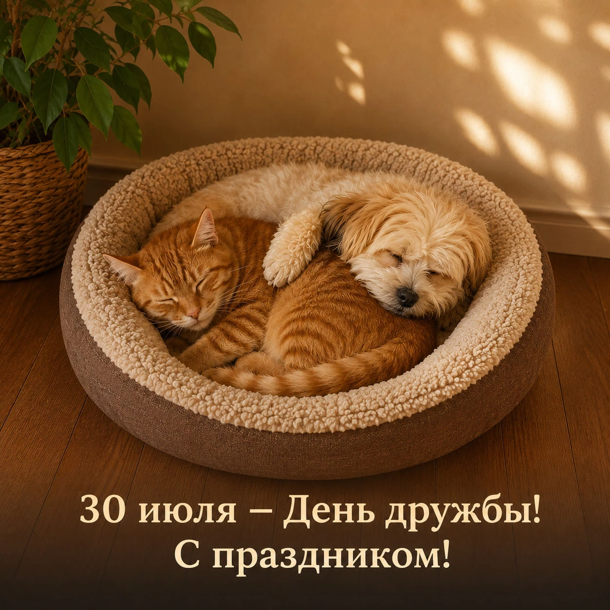 Забавная открытка с котом и псом ко Дню дружбы