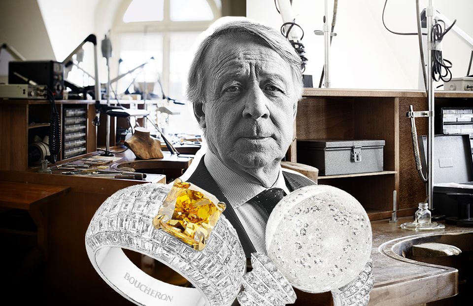 Тьерри Робер, геммолог Boucheron
Кольца Diamant Polaire с желтым бриллиантом и Boule de neige с горным хрусталем, Boucheron
