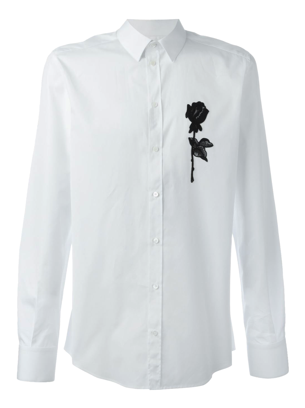 Рубашка, Dolce &amp; Gabbana. Белоснежная сорочка из хлопкового поплина с вышитой на груди розой в стиле сицилийского барокко &mdash; элегантный и непретенциозный вариант для дружеского коктейля.