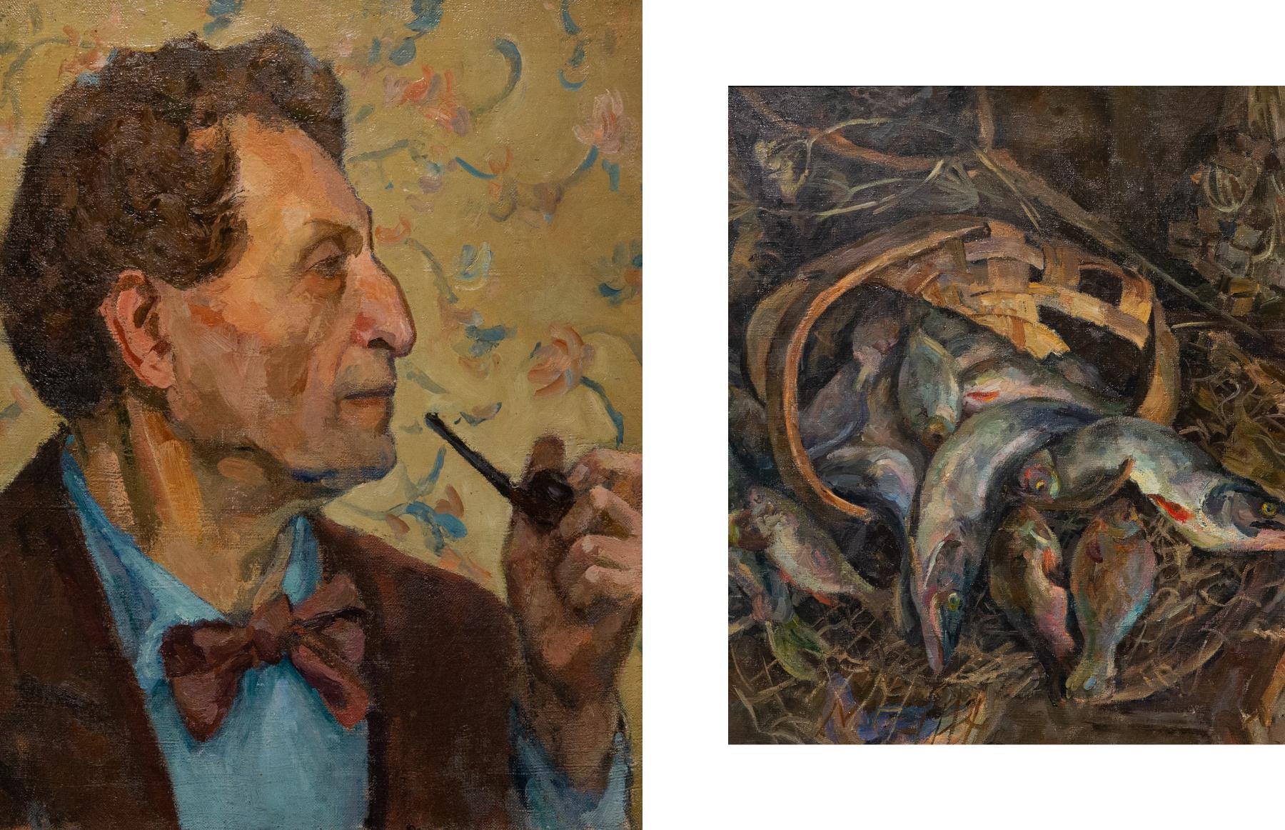 Александр Осмеркин. Автопортрет, 1941–1947; «Волга. Рыбы», 1938 (фрагмент)