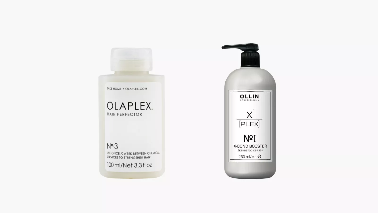 <p>Слева: восстанавливающее средство для волос Hair Perfector, Olaplex</p>

<p>Справа: восстанавливающее средство для волос X Plex, Ollin Professional</p>