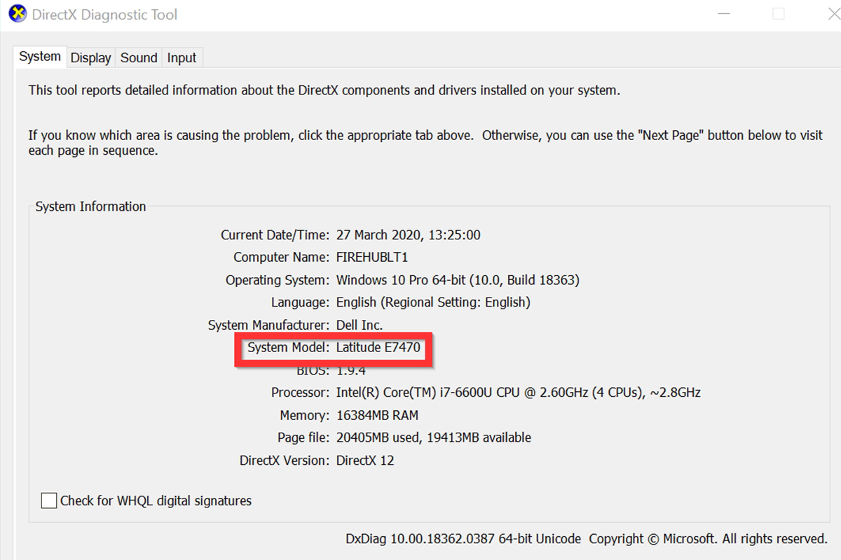 Определение модели ноутбука через средство диагностики DirectX