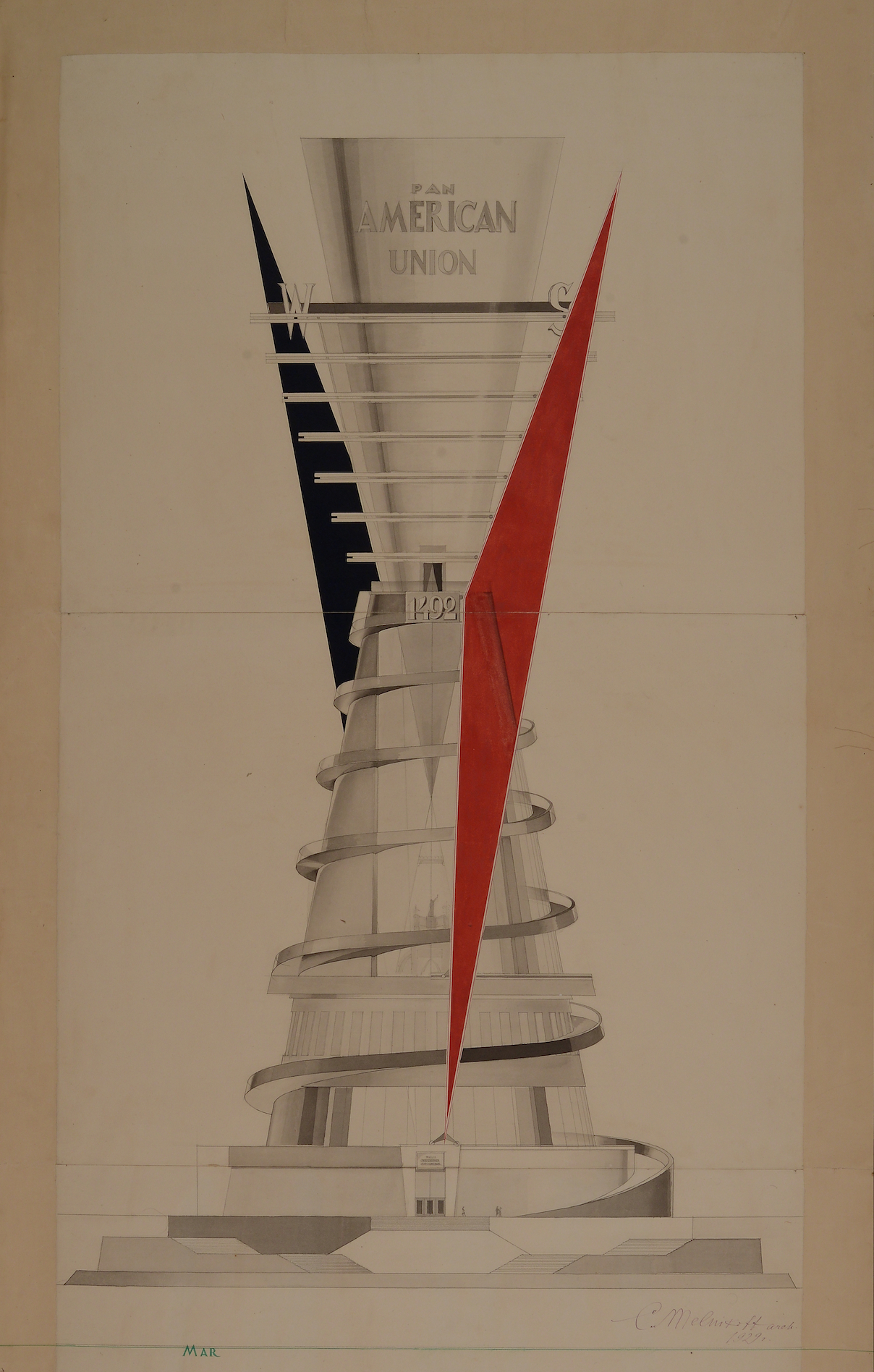 Памятник Колумбу в&nbsp;Санто-Доминго, конкурсный проект, 1929. Бумага, карандаш, тушь, гуашь