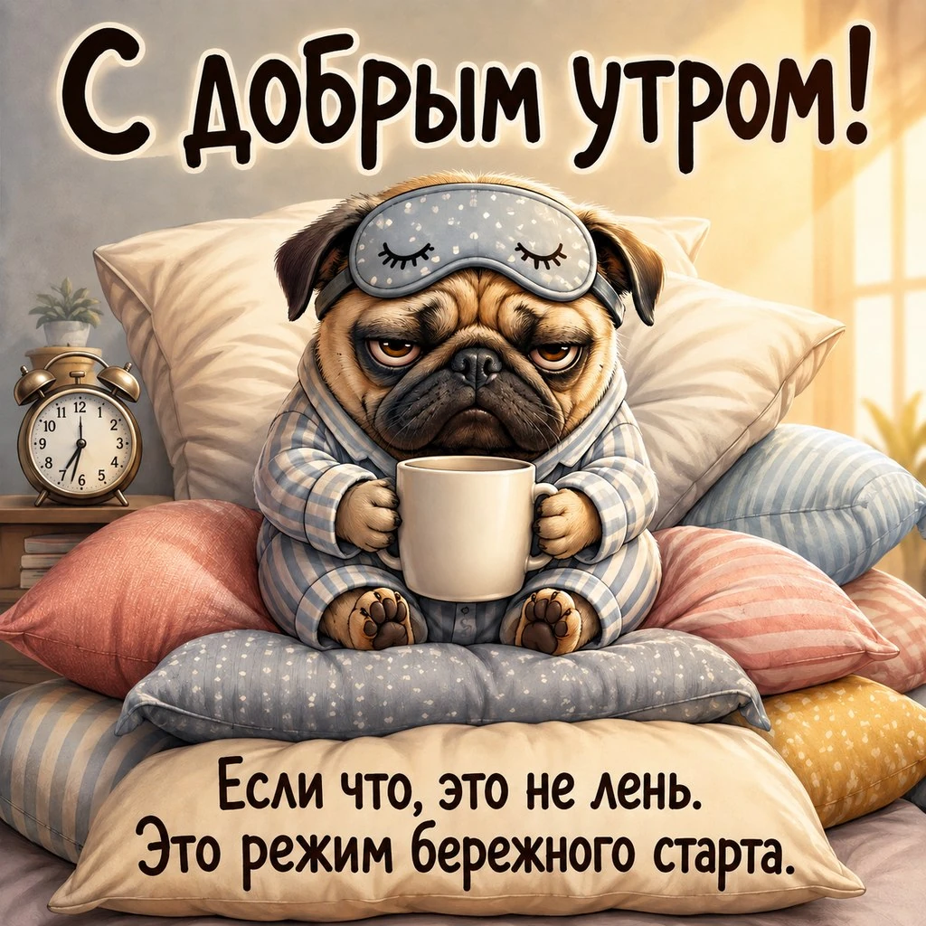 Смешная открытка с добрым утром с мопсом в пижаме