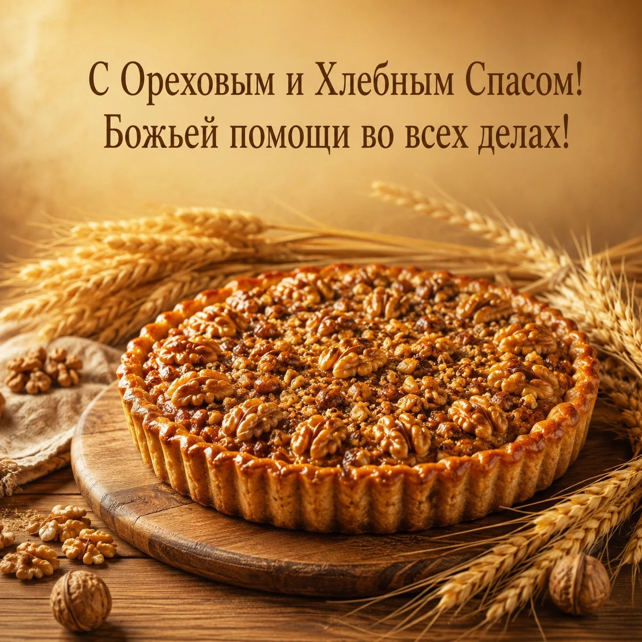 Открытка с Ореховым и Хлебным Спасом с пожеланием Божьей помощи