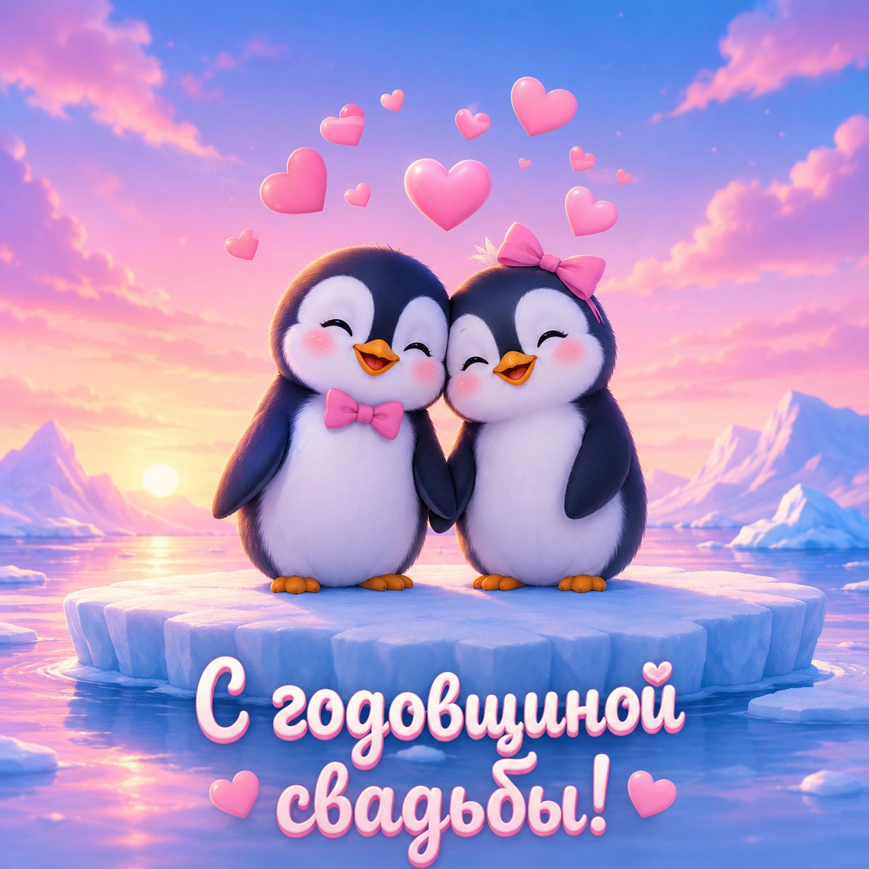 Милая открытка с годовщиной свадьбы пингвинами и поздравлением с годовщиной