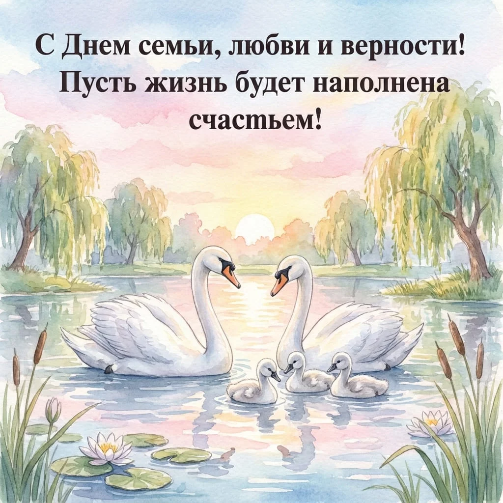 Акварельная открытка с семейством лебедей на пруду и поздравлением с Днем семьи, любви и верности