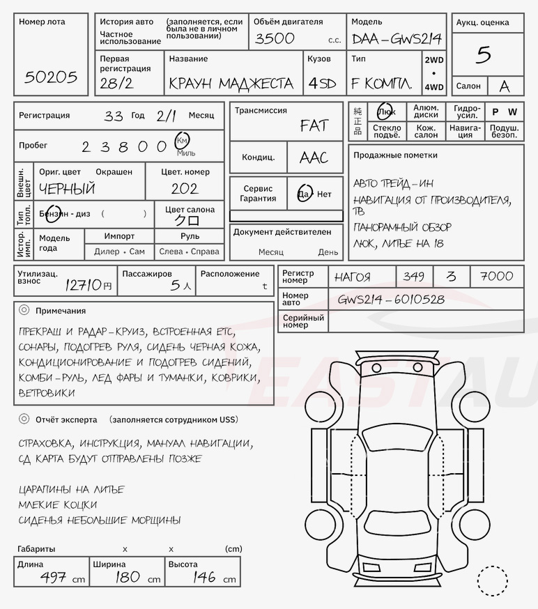 Пример аукционного листа автомобиля из Японии (перевод на русский язык)
