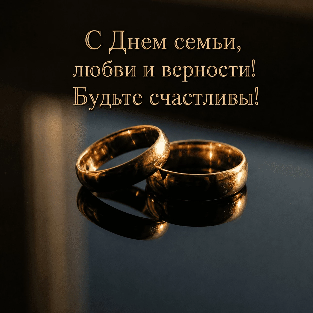 Стильная открытка с Днем семьи, любви и верности и кольцами на черном стекле и поздравлением