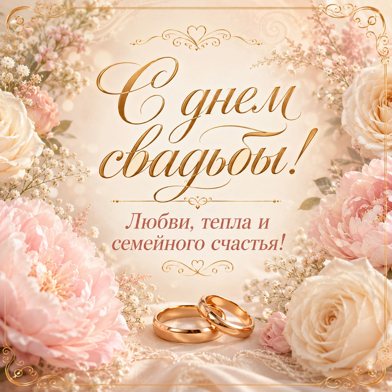 Нежная открытка с днем свадьбы с пожеланием любви, тепла и семейного счастья